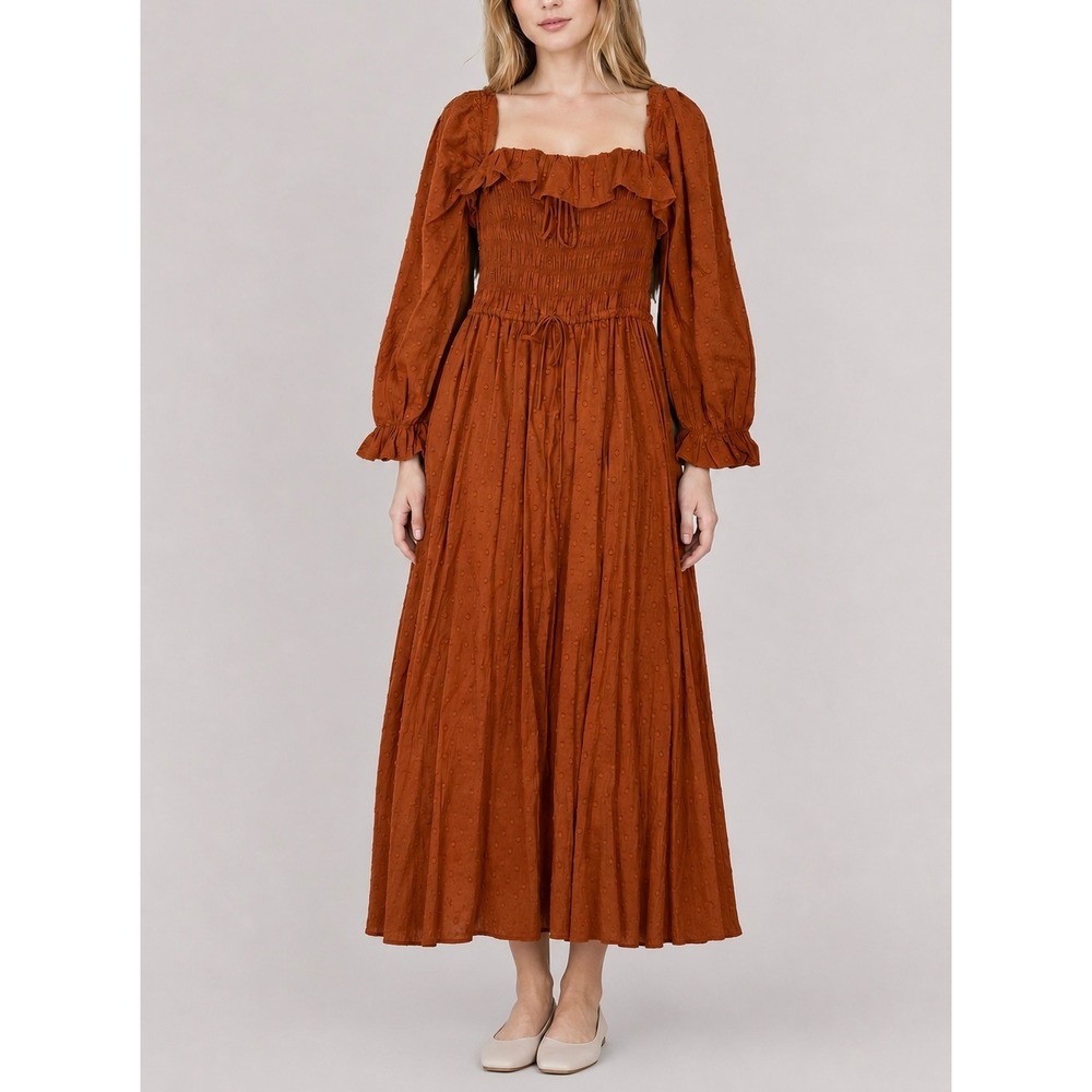 R.YIPOSHA Swiss Dot Smocked Midi Dress Women M Rust Cottagecore Babydoll Prairie